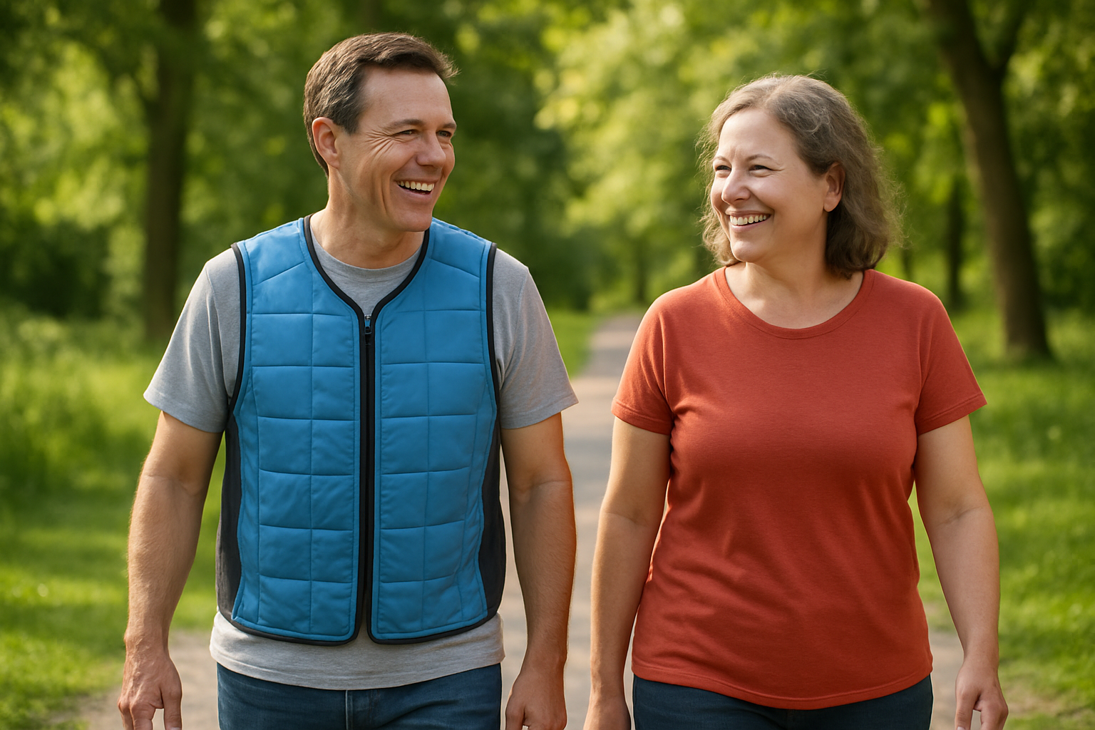 A person in a cooling vest being able to enjoy the outdoors with a person who is not wearing a cooling vest