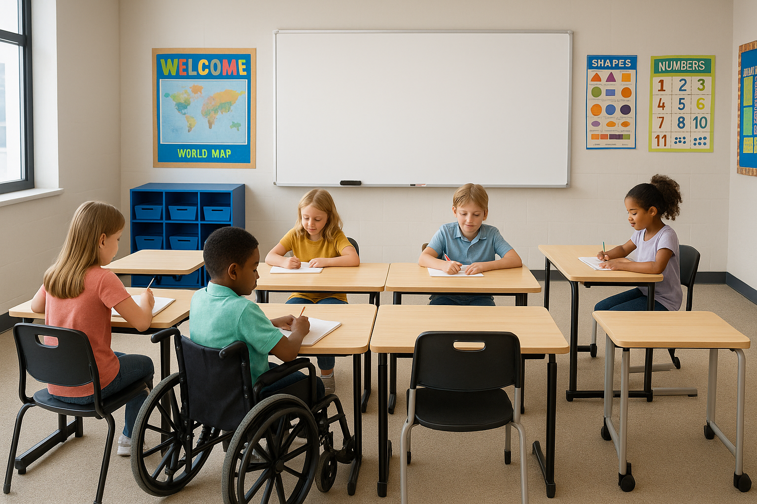 Bright modern K12 classroom featuring ADAcompliant desks wheelchairaccessible seating adjustable tables diverse children including one in a wheelchair using an inclusive workspace Clear sight lines to a whiteboard and vibrant educational posters