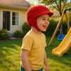 In a realistic home yard setting a young boy wears a red ribcap protective baseball cap The scene is infused with a sense of safety and joy highlighte