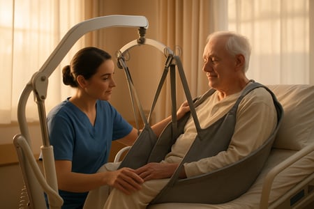 In a softly lit hospital room a compassionate caregiver gently assists an elderly patient using a stateoftheart lifting device The atmosphere is calm-1