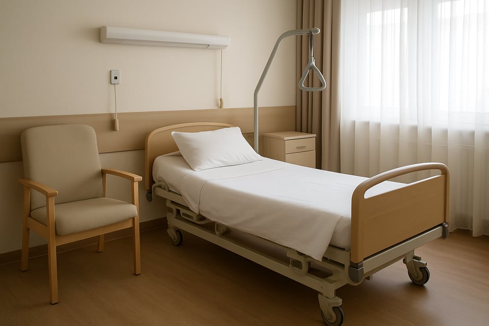 A realistic bedroom scene that might be in a hospital or nursing home that features an empty bed and chair